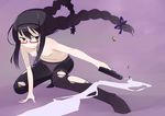  akemi_homura arm_support black_hair braid bullet crotch_seam flat_chest glasses gun hairband handgun long_hair mahou_shoujo_madoka_magica nipples panties panties_under_pantyhose pantyhose purple_background purple_eyes red-framed_eyewear semi-rimless_eyewear shell_casing simple_background smoke solo spoilers squatting topless torn_clothes torn_legwear twin_braids ume_(datsuryokugen) under-rim_eyewear underwear underwear_only weapon 