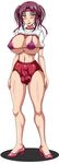  1girl asakura_yuu_(-unlimited) balls bikini blush breasts bulge cameltail erect_nipples full_body futanari headband high_heels huge_breasts insert_(artist) newhalf penis purple_eyes red_hair shirt_lift shoes simple_background solo swimsuit testicles tight_pants 