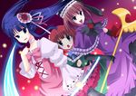  agekichi_(heart_shape) bad_id bad_pixiv_id blue_eyes blue_hair bow dress eva_beatrice furudo_erika hair_bobbles hair_ornament hat multiple_girls orange_hair pink_bow red_hair scythe umineko_no_naku_koro_ni ushiromiya_ange 