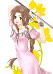  aerith_gainsborough alternate_costume braid brown_hair dissidia_012_final_fantasy dissidia_final_fantasy dress final_fantasy final_fantasy_vii green_eyes hair_ribbon long_dress long_hair pink_dress ponytail ream_(arua) ribbon single_braid solo staff 