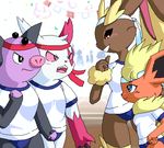  bandanna blue_eyes brown female flareon g-sun group grumpig lopunny pok&eacute;mon pok&eacute;morph purple red red_eyes rivals standing white zangoose 