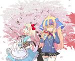  apron blonde_hair blue_dress blue_eyes bow cherry_blossoms crepe dress food frills fruit gloves hair_bow halo_(artist) hat jacket licking_lips long_hair multiple_girls original pocky skirt strawberry thighhighs throwing tongue tongue_out tree white_gloves white_legwear yellow_eyes zettai_ryouiki 