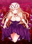  bad_id bad_pixiv_id bare_shoulders blonde_hair bow breasts cleavage dress dress_lift gap gloves hat ichioto large_breasts long_hair red_eyes ribbon solo thighs touhou white_gloves yakumo_yukari 