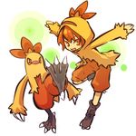  arms_up blush_stickers boots combusken gen_3_pokemon hitec hood hoodie kicking leg_lift moemon open_mouth orange_eyes orange_hair personification pokemon pokemon_(creature) shorts smile 