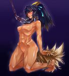  abs anal_tail barefoot blue_eyes blush breasts brown_hair butt_plug collar cosmic_break dog_tail fake_tail highres hound_dog kneeling leash legs medium_breasts muscle navel nude parted_lips personification ponytail purple_hair pussy skj solo tail thighs 