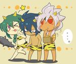  ... 3boys :t androgynous baddap_sleed black_eyes blue_hair blush blush_stickers braid chibi cosplay covering crossdress crossdressing dark_skin eating eska_bamel frown green_hair horns inazuma_eleven inazuma_eleven_(series) long_hair lum lum_(cosplay) male male_focus mistorene_callus multiple_boys navel oni peace red_eyes short_hair smile sweat tattoo tiger_print tongue urusei_yatsura v weapon white_hair wink 