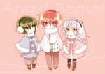  2boys angel_beats! bad_id bad_pixiv_id chibi coat earmuffs green_hair harmonia long_hair multiple_boys naoi_ayato otonashi_(angel_beats!) pantyhose red_eyes red_hair scarf short_hair silver_hair tenshi_(angel_beats!) winter_clothes yellow_eyes 