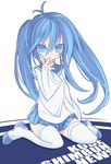  blade_(galaxist) blue_eyes blue_hair imaichi_moenai_ko kobe_shinbun long_hair sitting solo thighhighs twintails zettai_ryouiki 