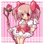  blush bow bow_(weapon) bubble_skirt chibi flower gloves hair_bow kaname_madoka magical_girl mahou_shoujo_madoka_magica miokuri open_mouth pink pink_background pink_hair pink_skirt red_eyes red_flower red_rose rose skirt solo twintails weapon white_gloves 