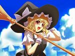  blonde_hair bow broom cloud day hat hat_ribbon kirisame_marisa ribbon sky smile solo touhou yanmarson yellow_eyes yukkuri_shiteitte_ne 