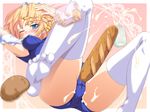  alice_margatroid baguette blonde_hair blue_eyes bouncing_breasts bread breasts cameltoe cream feet food highres ichio medium_breasts motion_blur peanut_butter potato sexually_suggestive solo thighhighs touhou white_legwear 