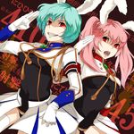  animal_ears bunny_ears chiester410 chiester45 chiester_sisters evil_grin evil_smile gloves grin jpeg_artifacts mimi_(haruhaiiyone) multiple_girls open_mouth pink_hair red_eyes short_hair showgirl_skirt smile thighhighs twintails umineko_no_naku_koro_ni 