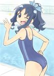  :d ;d alternate_hairstyle blue_eyes blue_hair hand_on_hip heartcatch_precure! kurumi_erika looking_back one-piece_swimsuit one_eye_closed open_mouth ponytail pool precure satogo smile solo star swimsuit 