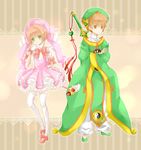  1girl brown_eyes brown_hair cardcaptor_sakura chinese_clothes dress fuuin_no_tsue green_eyes hat kinomoto_sakura li_xiaolang magical_girl mari_(little_crown) pink_hat short_hair sword thighhighs wand weapon wings 