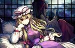  blonde_hair hakurei_reimu hat long_hair multiple_girls purple_eyes red_eyes sankusa touhou yakumo_yukari 