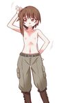  areolae asymmetrical_hair belt brown_eyes brown_hair flat_chest hair_ornament hairclip navel nipples open_mouth solo sora_no_woto sorami_kanata soratobu_zippo topless towel 