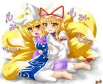  barefoot blonde_hair blush breast_grab breasts fang fox_tail grabbing hat kazami_karasu long_hair medium_breasts multiple_girls multiple_tails short_hair tail touhou yakumo_ran yakumo_yukari yellow_eyes yuri 