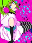  aqua_eyes bad_id bad_pixiv_id elbow_gloves gloves green_hair grey_legwear gumi happy_synthesizer_(vocaloid) headphones pantyhose short_hair smile solo striped striped_legwear vocaloid yuyuki 