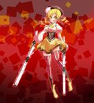 bad_id bad_pixiv_id beret blonde_hair blush boots breasts brown_legwear corset detached_sleeves drill_hair dual_wielding fingerless_gloves gloves gun hair_ornament hairpin hat highres holding large_breasts magical_girl magical_musket mahou_shoujo_madoka_magica pleated_skirt puffy_sleeves ribbon rifle skirt solo striped striped_legwear thighhighs tomoe_mami twin_drills twintails vertical-striped_legwear vertical_stripes weapon yellow_eyes ymd_(assiman) zettai_ryouiki 
