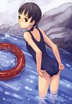  adjusting_clothes adjusting_swimsuit ass black_hair brown_eyes from_behind innertube jun_(goodgun7) leaning_forward looking_back one-piece_swimsuit original solo swimsuit twintails wading 