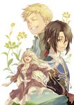  2boys baccano! blonde_hair blue_eyes closed_eyes elmer_albatross flower grass grin happy highres huey_laforet long_hair miho_(mi) monica_campanella multiple_boys ocean ribbon sky smile yellow_eyes 