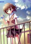  absurdres brown_eyes brown_hair highres juice_box karory misaka_mikoto school_uniform shorts skirt solo to_aru_kagaku_no_railgun to_aru_majutsu_no_index uniform 