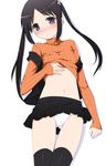  black_hair black_legwear blush flat_chest flower hair_flower hair_ornament long_hair lying navel on_back ooji open_mouth orange_shirt original panties purple_eyes shirt shirt_lift simple_background skirt solo sweater thighhighs turtleneck twintails underwear white_panties 