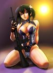  1girl arm_support assault_rifle bare_shoulders barnette_orangello blue_eyes bodysuit breasts cleavage exile female fingerless_gloves fingernails gloves green_hair gun hairband highres kneeling large_breasts lips m-16 m16 rifle short_hair signature solo vandread weapon 