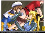  2girls anilingus beret blonde_hair blush bodysuit brown_hair censored cuffs cum cum_in_mouth cumdrip cyclone erio_mondial faceless faceless_male fate_testarossa fellatio femdom ffm_threesome fingerless_gloves gloves group_sex hat hetero lyrical_nanoha mahou_shoujo_lyrical_nanoha_strikers mosaic_censoring multiple_girls oral penis rape threesome translated twintails yagami_hayate yellow_eyes 