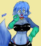  arms bent_arm big_breasts blue blue_hair breasts chest_tuft clothed clothing collaboration collar colored ears feline female fingerless_gloves fishnet fur fur_tuft gesture gloves green_eyes hair hand_on_hip kilika mammal midriff navel panty_peek peace plain_background pointed_ears pointy_ears sign signature skidd skimpy solo standing tail thong tongue tuft v_sign wide_hips yellow yellow_background 