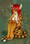  &hearts; blush breasts central_heterochromia cute ear_piercing earring feline female hair ladykix looking_at_viewer necklace nipples nude piercing red_hair solo tail tiger 