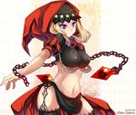 black_legwear blonde_hair breasts chain crystal curvy garter_straps head_scarf hood killyoh lace lace-trimmed_thighhighs large_breasts midriff navel odin_sphere outstretched_arms purple_eyes smile solo spread_arms thighhighs velvet_(odin_sphere) 