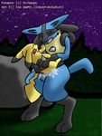  anal anal_penetration balls blue cum eyes_closed forest gay lucario male night outside penetration penis pikachu pok&eacute;mon rock size_difference standing straddle tail tom_smith tree yellow 