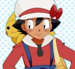  bad_id bad_pixiv_id black_hair brown_eyes cosplay crossdressing gen_1_pokemon hat keith19661966 kotone_(pokemon) kotone_(pokemon)_(cosplay) male_focus pikachu pokemon pokemon_(anime) pokemon_(creature) satoshi_(pokemon) smile 