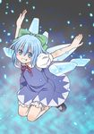  absurdres blush_stickers cirno grin highres jumping kurarin outstretched_arms smile snow solo spread_arms touhou wings 