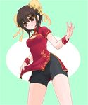  bike_shorts black_hair brown_eyes bun_cover china_dress chinese_clothes cleavage_cutout double_bun dress light_smile original sakayan solo 