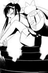  backpack bag bakemonogatari greyscale hachikuji_mayoi looking_back monochrome monogatari_(series) sitting solo sorethroat 