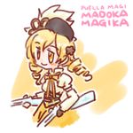  blonde_hair gloves gun hat magical_girl mahou_shoujo_madoka_magica ribbon rifle sakaguchi_misaki smile solo tomoe_mami twintails weapon yellow_eyes 