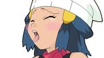  aliasing beanie bloggerman blue_hair blush closed_eyes eyes_closed hair_ornament hat hikari_(pokemon) lowres open_mouth pokemon saliva scarf simple_background solo tongue_out transparent_background 