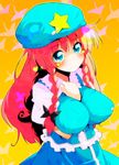  aqua_eyes between_breasts blush braid breasts hat heart highres hong_meiling impossible_clothes impossible_shirt large_breasts long_hair red_hair shirt solo star sw touhou twin_braids 
