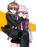  1girl bad_id bad_pixiv_id brown_eyes brown_hair carrying danganronpa danganronpa_1 gloves hair_ribbon hood hoodie kakaaru kirigiri_kyouko long_hair naegi_makoto princess_carry purple_eyes purple_hair ribbon ringed_eyes short_hair skirt sweatdrop 