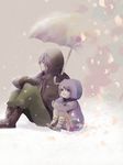  1boy 1girl age_difference boots coat father_and_daughter female girl gloves hood hoodie male nier nier_(character) pants shio_(babbi13) short_hair silver_hair sitting umbrella yonah 