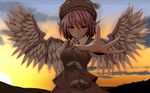  animal_ears blush cloud foreshortening hands hat hiro_(pqtks113) mystia_lorelei outstretched_hand pink_hair reaching short_hair smile solo sunset touhou upper_body wallpaper wings 