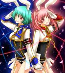  animal_ears armband bad_id bad_pixiv_id bunny_ears chiester410 chiester45 chiester_sisters gloves green_hair kanzou multiple_girls one_eye_closed pink_hair red_eyes showgirl_skirt twintails umineko_no_naku_koro_ni 