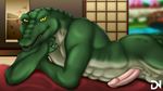  anthro balls crocodile detailed_background dream_and_nightmare erection genital_slit looking_at_viewer looking_back lying male nude ocean on_front painting penis pinup pose presenting reptile scalie sea slit smile solo water yellow_eyes 