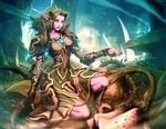  armor breasts death elf fingerless_gloves flower forest gauntlets genzoman gloves green_hair groin kneeling knees large_breasts leaf nature night_elf pauldrons pointy_ears sad sandals seed solo thorns toes warcraft white_eyes wide_hips world_of_warcraft 