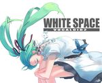  aqua_hair artist_name closed_eyes dress feet_out_of_frame fetal_position floating_hair green_hair hair_ribbon hatsune_miku headphones long_hair redlion ribbon simple_background solo twintails vocaloid white_background 
