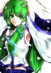  absurdres armpits arms_up bad_id bad_pixiv_id blush breasts detached_sleeves frog green_eyes green_hair hair_ornament highres kiyonaka_rei kochiya_sanae long_hair medium_breasts open_mouth petals sarashi snake solo touhou 