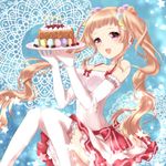  :d bad_id bad_pixiv_id bare_shoulders blonde_hair cake candle earrings elbow_gloves food gloves hair_ornament jewelry long_hair nunucco open_mouth original pink_eyes plate sitting smile solo star thighhighs twintails white_legwear 