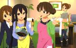  :p absurdres apron black_hair brown_eyes brown_hair casual chocolate detexted double_bun feet hair_ornament hair_ribbon hairclip highres hirasawa_ui hirasawa_yui horiguchi_yukiko k-on! long_hair looking_back multiple_girls nakano_azusa non-web_source open_mouth pantyhose pink_eyes ponytail ribbon round_teeth socks soles suzuki_jun teeth third-party_edit tongue tongue_out twintails very_long_hair 